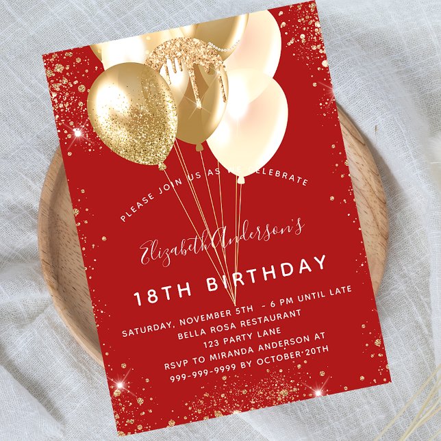 Invitación Globos purpurinas de oro rojo de la fiesta de cump (Subido por el creador)