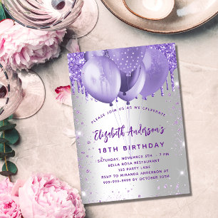 Invitación Globos purpurinas de plata de cumpleaños