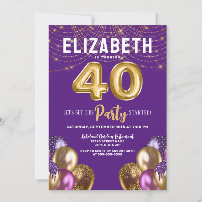 Invitación Globos Purpurinas morados y dorados 40 cumpleaños (Anverso)