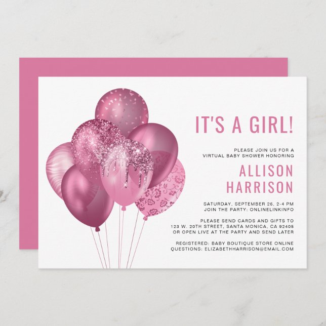 Invitación Globos Purpurinas rosados virtuales para la ducha  (Anverso / Reverso)