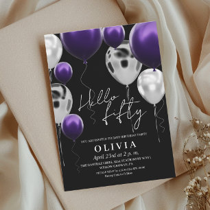 Invitación Globos púrpuros de plata negra 50 cumpleaños moder