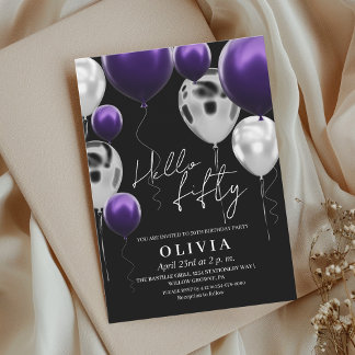 Invitación Globos púrpuros de plata negra 50 cumpleaños moder
