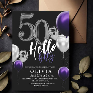 Invitación Globos púrpuros de plata negra 50 cumpleaños moder