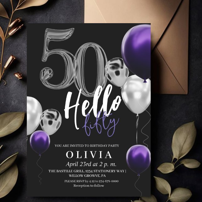 Invitación Globos púrpuros de plata negra 50 cumpleaños moder (Subido por el creador)