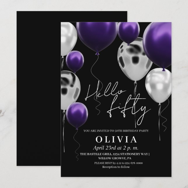 Invitación Globos púrpuros de plata negra 50 cumpleaños moder (Anverso / Reverso)