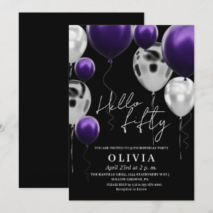 Invitación Globos púrpuros de plata negra 50 cumpleaños moder