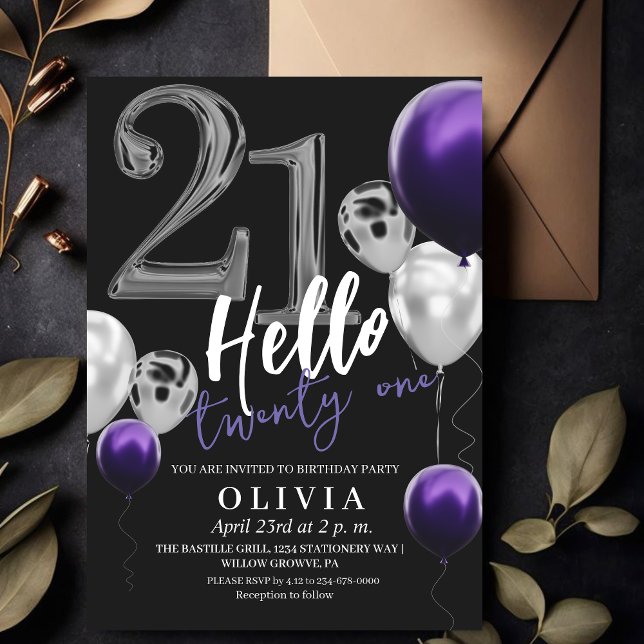 Invitación Globos púrpuros modernos de plata negra de cumplea (Subido por el creador)