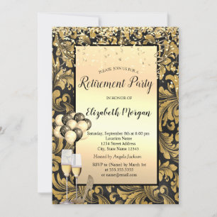 Invitación Globos, Remolinos de Oro Viejo Negros Jubilación
