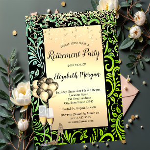 Invitación Globos, remolinos dorados, jubilación verde