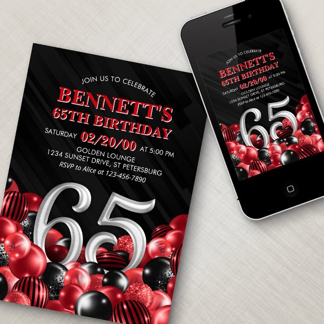 Invitación Globos Rojo 65h Cumpleaños (Subido por el creador)
