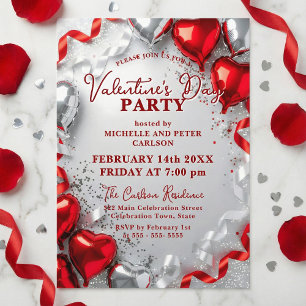 Invitación Globos rojos de corazón de plata Fiesta del Día de