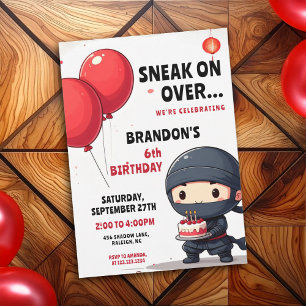 Invitación Globos Rojos Divertidos y Pastel de Ninja para Cum