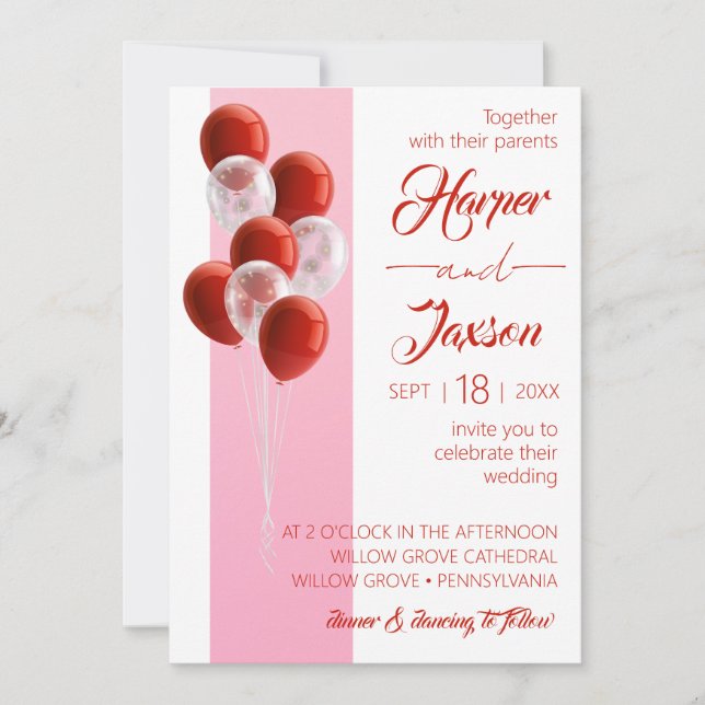 Invitación Globos rojos. Elegante carta de bodas (Anverso)