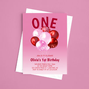 Invitación Globos rojos negritos de primer cumpleaños