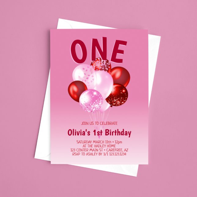 Invitación Globos rojos negritos de primer cumpleaños (Subido por el creador)