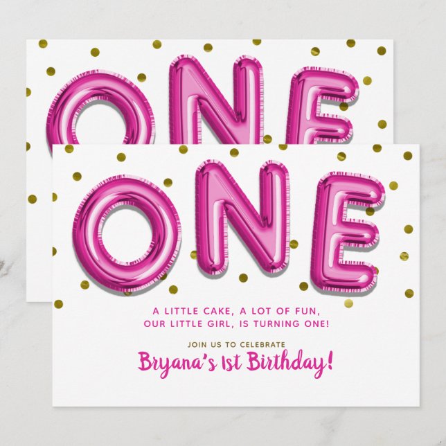 Invitación Globos Rosa Caliente con Puntos Dorados Cumpleaños (Anverso / Reverso)