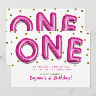 Invitación Globos Rosa Caliente con Puntos Dorados Cumpleaños