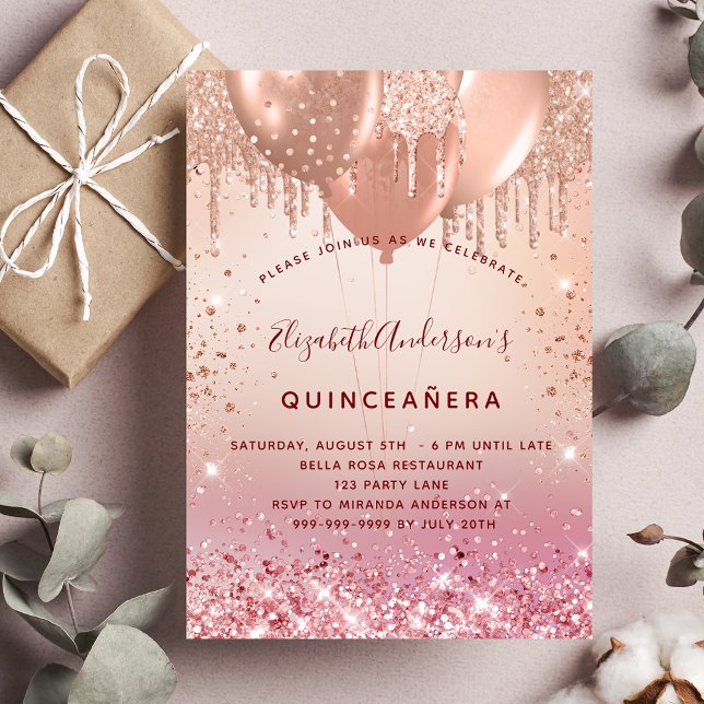 Invitación Globos rosa de purpurina rosa de Quinceanera (Subido por el creador)