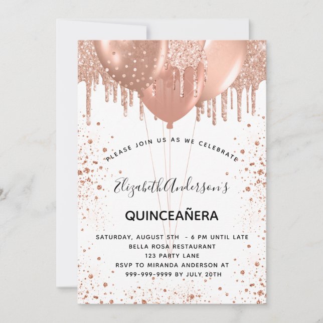 Invitación Globos rosa de purpurinas blancos de Quinceanera (Anverso)