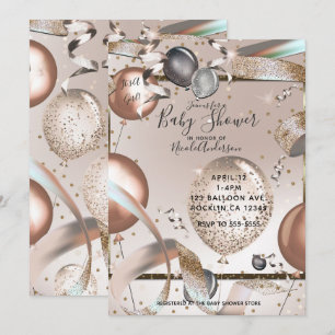 Invitación Globos rosa dorado con purpurina para baby shower