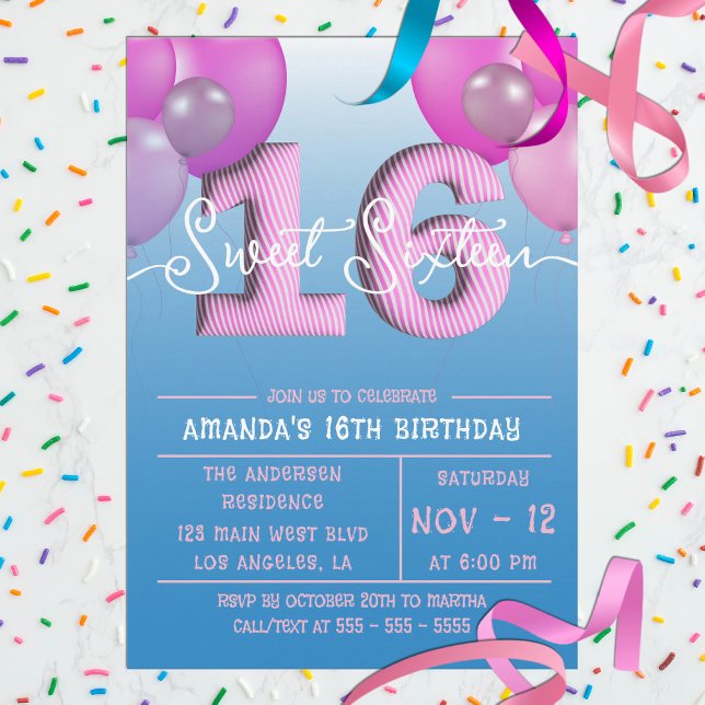 Invitación Globos Rosa En Cielo Azul Dulce Dieciséis (Subido por el creador)