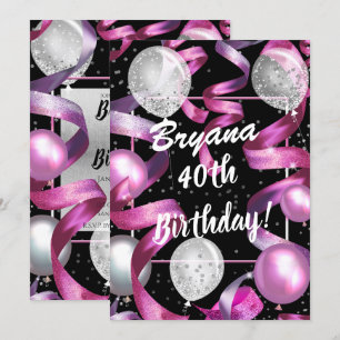 Invitación Globos rosa negro plateado con purpurina Cumpleaño