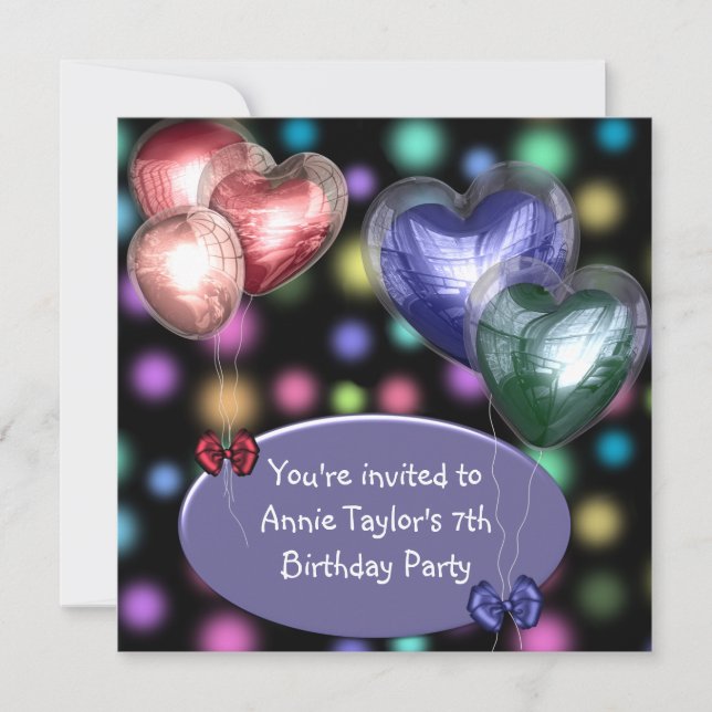 Invitación Globos Rosa Purpura Chicas Cumpleaños 7 (Anverso)