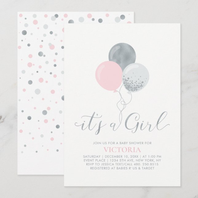 Invitación Globos rosa y plateado | Es un Baby Shower Chica (Anverso / Reverso)