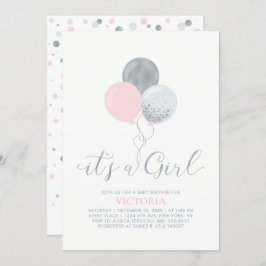 Invitación Globos rosa y plateado | Es un Baby Shower Chica