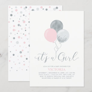 Invitación Globos rosa y plateado   Es un Baby Shower Chica