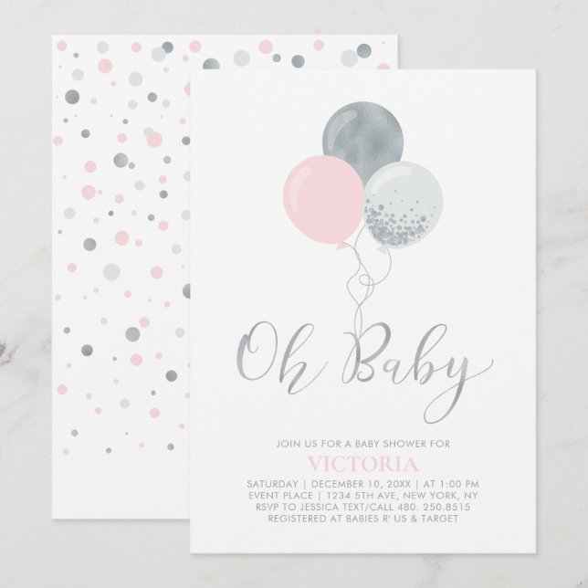 Invitación Globos rosa y plateado | Oh Baby Girl Baby Shower (Anverso / Reverso)