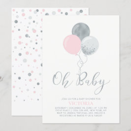 Invitación Globos rosa y plateado | Oh Baby Girl Baby Shower
