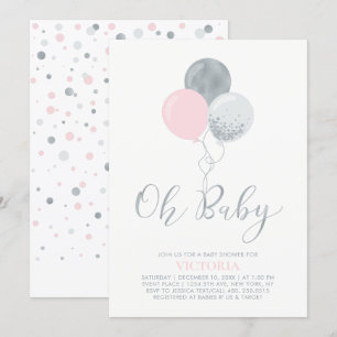 Invitación Globos rosa y plateado   Oh Baby Girl Baby Shower