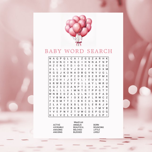 Invitación Globos rosados acuarela Baby Shower Word Search (Subido por el creador)