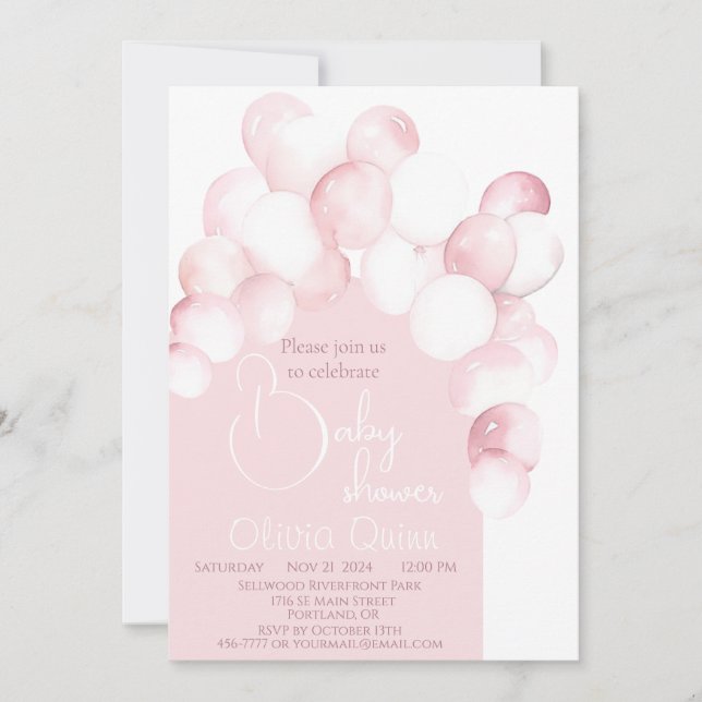 Invitación Globos rosados arco de ducha de bebé (Anverso)