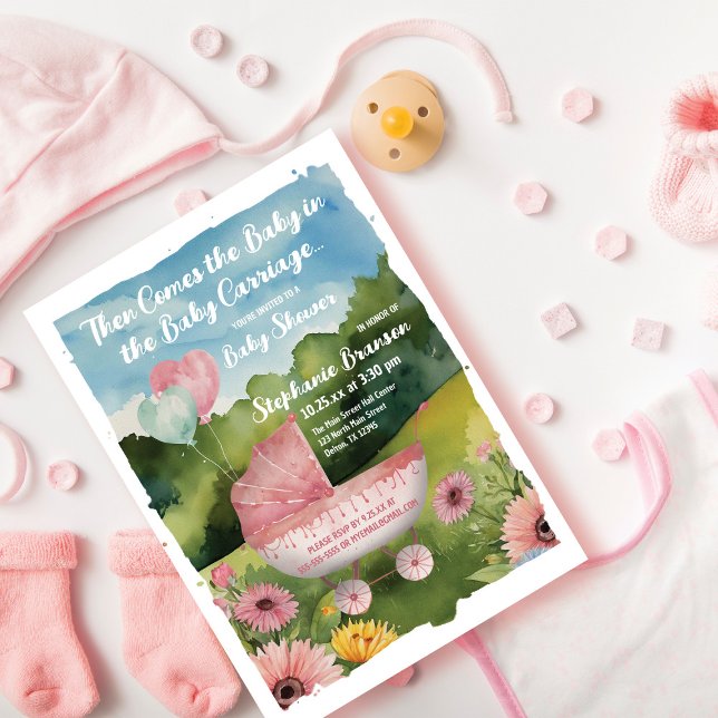 Invitación Globos rosados Baby Stroller Watercolor Baby Showe (Subido por el creador)