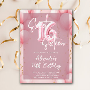 Invitación Globos rosados Caligrafía moderna Elegante dulce 1