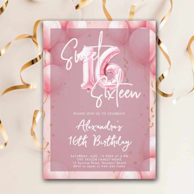 Invitación Globos rosados Caligrafía moderna Elegante dulce 1 (sweet sixteen invitation birthday party pink balloons modern calligraphy milestone glam feminine)