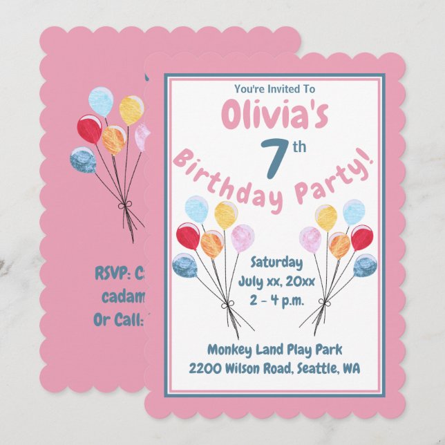 Invitación Globos rosados de fiesta de cumpleaños de chicas (Anverso / Reverso)