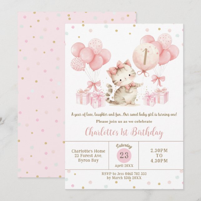 Invitación Globos rosados de gato de gatito lindo 123º cumple (Anverso / Reverso)
