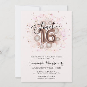 Invitación Globos rosados de oro rosa para Sweet 16 acuarela 
