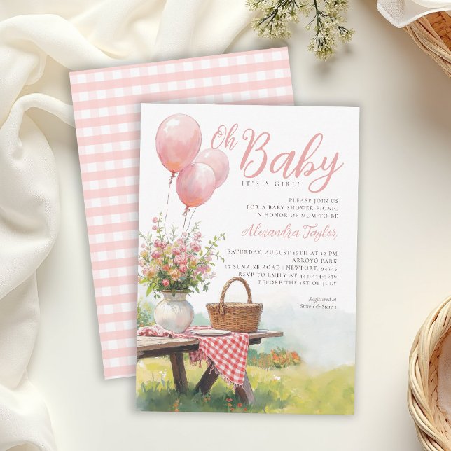 Invitación Globos Rosados de Picnic Floral Chic Cumpleaños de (picnic baby shower invitation card girl summer floral balloons wildflower backyard outdoors template)
