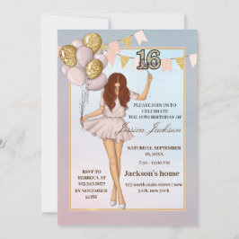 Invitación Globos rosados de Rubor Rosa Dulce de Oro Dieciséi