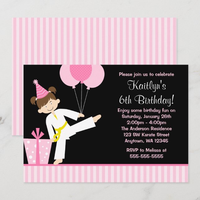 Invitación Globos rosados de Taekwondo Karate Cumpleaños de n (Anverso / Reverso)