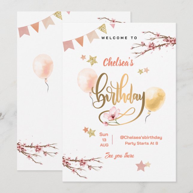 Invitación Globos rosados florales acuarela Cumpleaños  (Anverso / Reverso)
