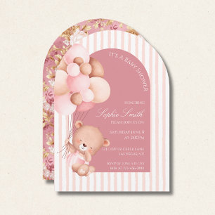 Invitación Globos rosados, franjas y arcos de Baby Shower en 