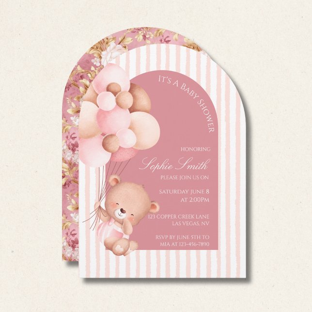 Invitación Globos rosados, franjas y arcos de Baby Shower en  (Subido por el creador)