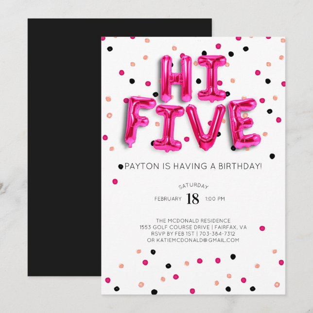 Invitación Globos rosados | Hi Five 5.º cumpleaños (Anverso / Reverso)