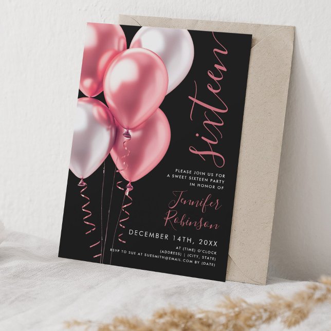 Invitación Globos rosados mínimos de Rubor dulce 16 años negr (Minimal Blush Pink Balloons Sweet 16 Birthday Black Invitation)