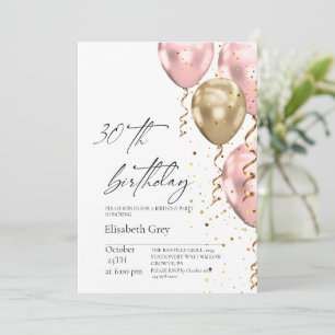 Invitación Globos rosados modernos con toque dorado para cump